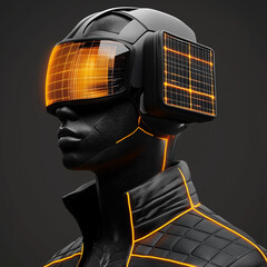 A futuristic figure wearing a helmet with a glowing orange grid pattern and a black quilted jacket