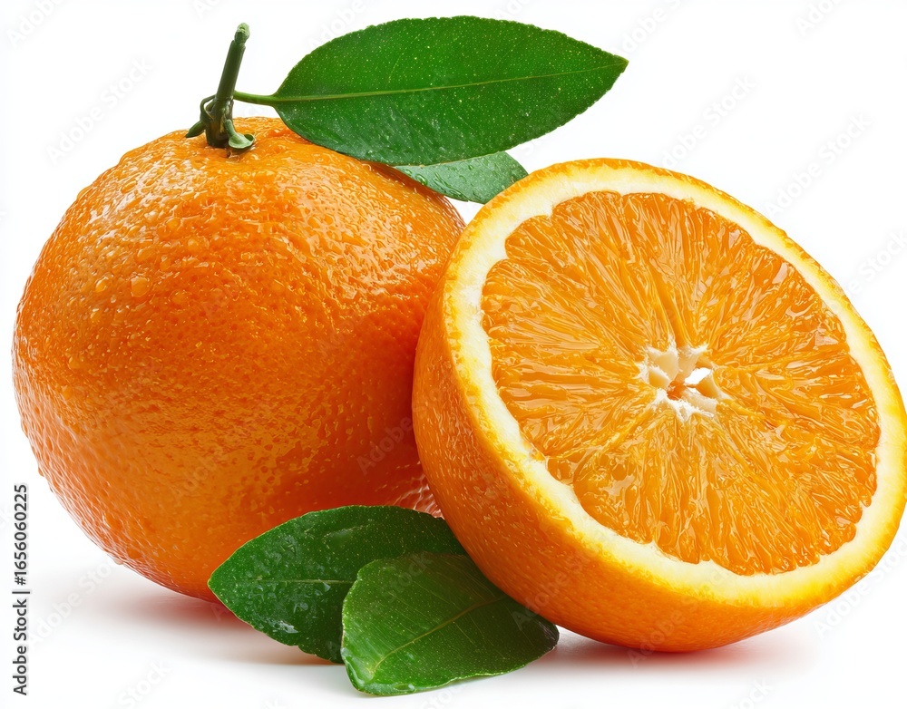 Poster the image 'vibrant oranges' features three plump oranges, one of which is sliced to reveal its inter