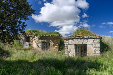 Old stone wine cellar in Cordovilla la Real village, Palencia province