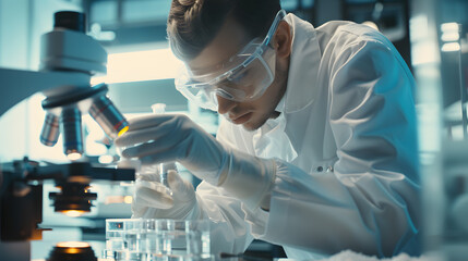 Technician wearing safety goggles analyzing product, Quality Control