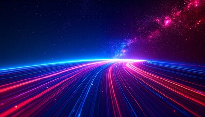 Obraz premium A vibrant, digital, and dynamic display of a cosmic highway, with swirling trails of glowing neon light, stretching across a dark space landscape.