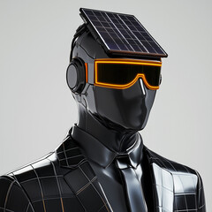 A futuristic robot mannequin wearing a suit and tie with a solar panel on its head and orange goggles