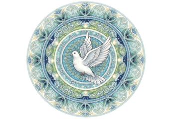 White dove in flight centered within a blue and green circular mandala pattern isolated on transparent background