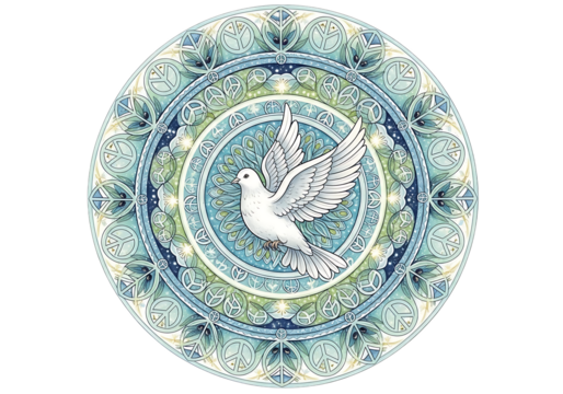 White dove in flight centered within a blue and green circular mandala pattern isolated on transparent background