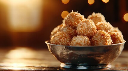 Coconut dessert balls in a metal bowl, a sweet treat. Delicious homemade candies for holiday, culinary concept.