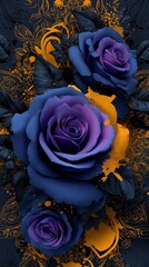 A vivid Violet rose against a deep black figure, accented with elegant yellow floral designs that add a touch of romance and sophistication. Vivid Violet Rose with Elegant Yellow Floral Accents Black