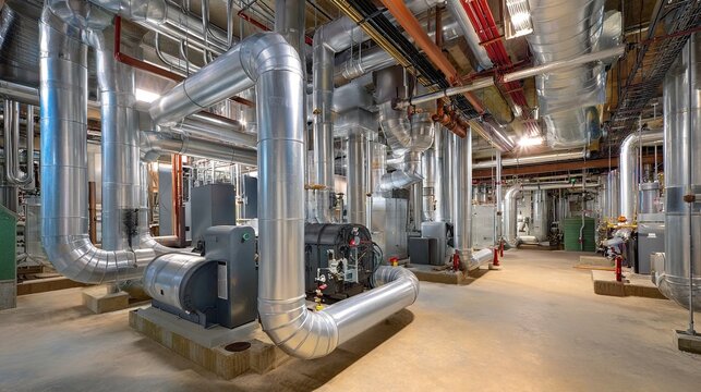 Industrial hvac system operation in commercial facility high-resolution imagery mechanical environment wide-angle view efficiency and performance concepts