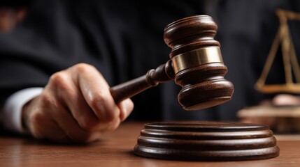 A man's hand holding a wooden gavel over a sounding block, scales of justice in background, concept of auction and law.