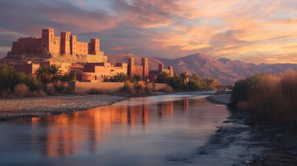 Obraz premium Ancient mudbrick ksar city with river and vibrant sunset sky. Moroccan old town in desert landscape reflected on water. Travel destination.