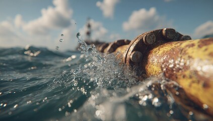 Rusty yellow pipe submerged in ocean waves