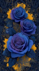 A vivid Violet rose against a deep black figure, accented with elegant yellow floral designs that add a touch of romance and sophistication. Vivid Violet Rose with Elegant Yellow Floral Accents Black