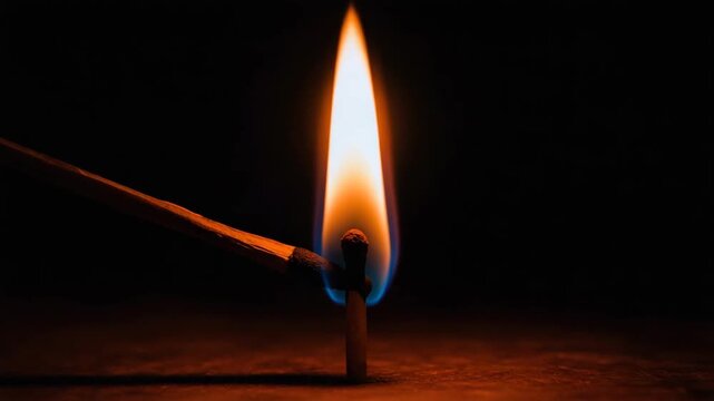 Matchstick fire ignition with blue and orange flame in dark background for combustion, energy transfer and lighting concept