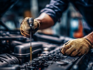 Close-up of a mechanic's gloved hand checking car oil level with dipstick above the engine, concept for vehicle maintenance, automotive repair and diagnostic services