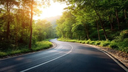Obraz premium Winding asphalt road through a lush green forest with bright morning sun rays. Nature's path for travel and journey concept.