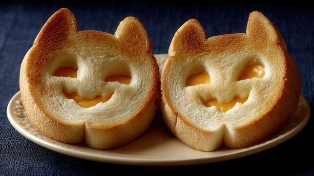 Halloween food concept. Cat-shaped bread rolls on a plate with smiling faces.
