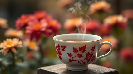 Fototapeta premium Porcelain teacup with red maple motifs, steam rising from amber oolong tea.