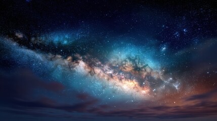 Fototapeta premium A broad, colorful depiction of the milky way galaxy stretching across the night sky. Celestial science background.