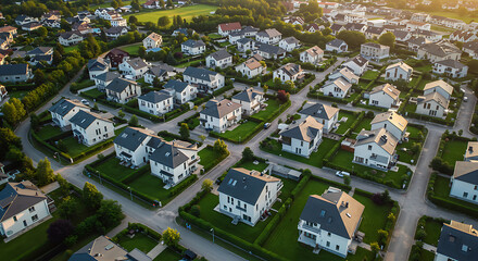 Drone aerial shot of a gated residential community with organized rows of modern houses, landscaped gardens, and private roads. Captured in sunny weather.