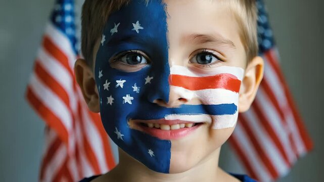 Smiling child with American and Dutch flag face paint blinking and moving head naturally in front of waving USA flags background, creative patriotic kids portrait for celebration and cultural unity co