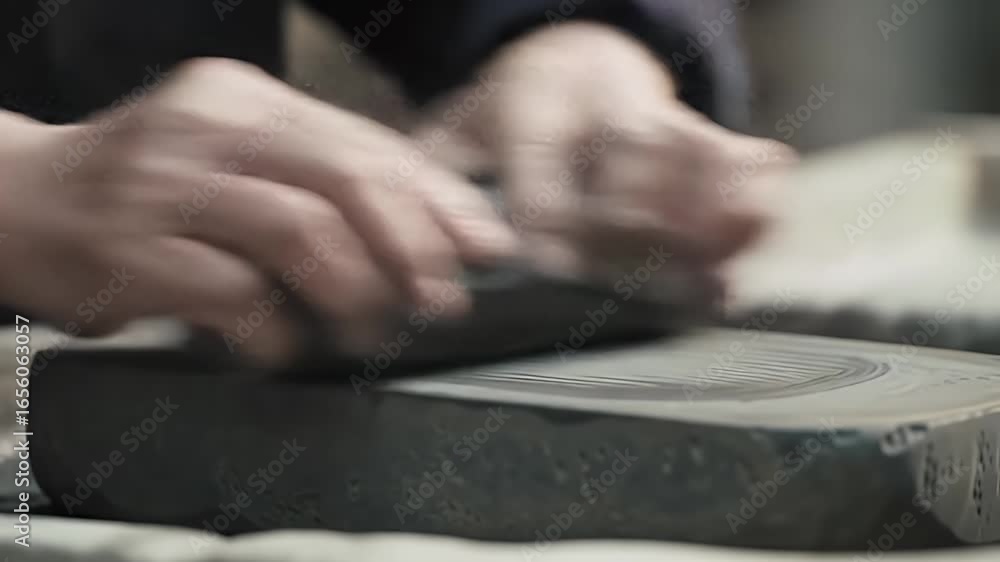 Poster close up of hands sharpening a knife on a whetstone achieving razor sharpness in soft natural lighti