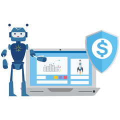 Friendly robot presents secure financial growth strategy with laptop and shield icon
