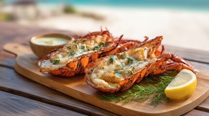 Grilled lobster tails with dill and lemon on a wooden board. Delicious seafood concept for summer vacation dining.