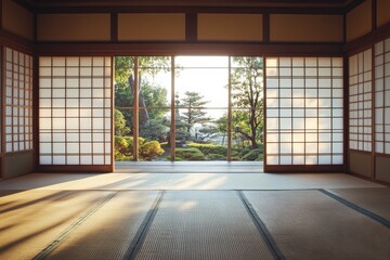 Japanese room with garden view through door