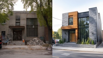 Before and after transformation of a building, showing an old, dilapidated structure next to a modern, renovated house.