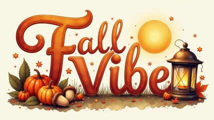 "Fall Vibes" lettering in watercolor, soft pastel tones, decorated with pumpkins, acorns, golden wheat stalks, and falling maple leaves