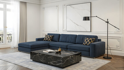 Modern living room with navy blue sectional sofa and marble coffee table