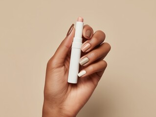 Woman's hand holds a white crayon lipstick with nude nail art against a neutral background, concept for makeup demonstration, cosmetic advertising and beauty product presentation