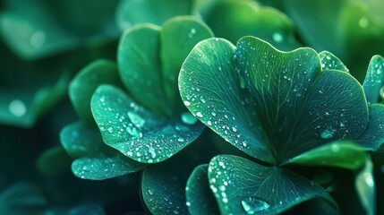 Obraz premium Close up of green leaves with water drops. Natural background of plant foliage with morning dew. Concept of freshness and growth for nature design.