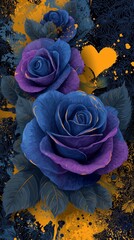 A vivid Violet rose against a deep black figure, accented with elegant yellow floral designs that add a touch of romance and sophistication. Vivid Violet Rose with Elegant Yellow Floral Accents Black