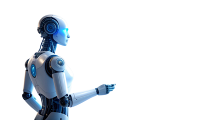 Futuristic AI humanoid robot interacting with holographic interface, in a sleek modern lab setting, blue lighting isolated on solid white background Png