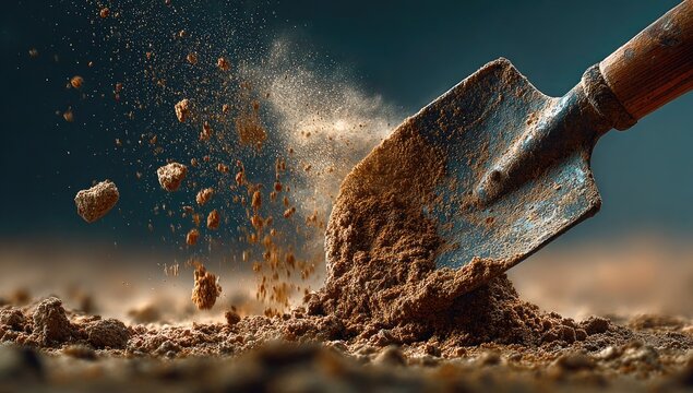 Shovelful of earth erupts in a flurry of brown soil