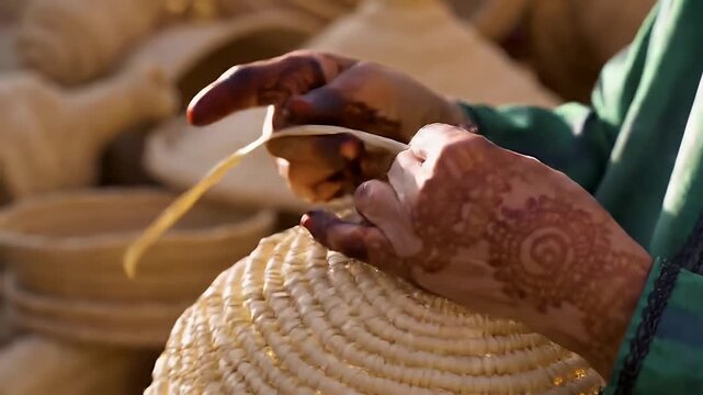 Close Up of Hands Weaving Raffia Basket With Intricate Henna in Warm Lighting Capturing Cultural Heritage and Traditional Craft in a Manual Process With Focus on Hand Weaving Skills