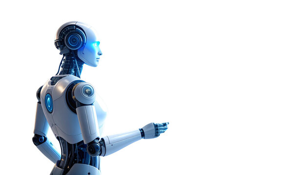 Futuristic AI humanoid robot interacting with holographic interface, in a sleek modern lab setting, blue lighting isolated on solid white background Png