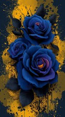 A vivid Violet rose against a deep black figure, accented with elegant yellow floral designs that add a touch of romance and sophistication. Vivid Violet Rose with Elegant Yellow Floral Accents Black