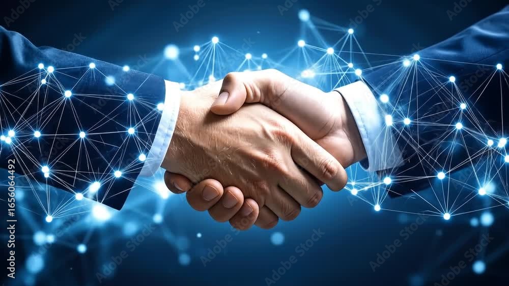 Aufkleber business handshake with digital network connection with teamwork collaboration.