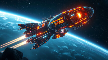 Futuristic pixel art spaceship soars through space near a planet, showcasing advanced technology and design in a retroinspired digital rendering