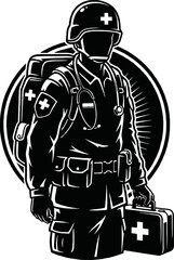 A black and white graphic illustration of a combat medic soldier in uniform, wearing a helmet and carrying a first aid kit.
