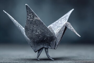 Detailed origami crane, gray-toned, intricate folds