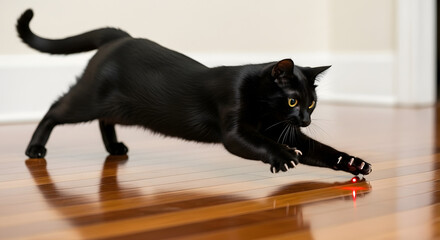 Playful black cat chasing laser pointer cozy home interior high-quality photo dynamic perspective fun concept
