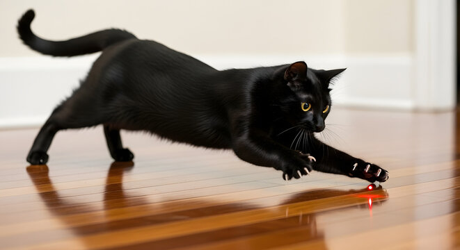 Playful black cat chasing laser pointer cozy home interior high-quality photo dynamic perspective fun concept