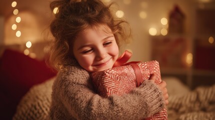 The pure joy on an adorable child's face as they hug a large, perfectly wrapped gift. The festive setting is a cozy room with warm lights and soft blankets, ideal for a holiday celebration theme.