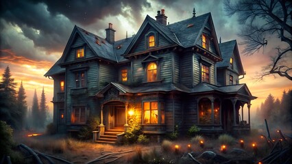 Fototapeta premium Creepy Abandoned House with Broken Windows and Glo