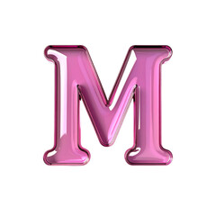 Glossy pink letter M font isolated on transparent background