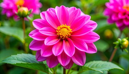 Obraz premium Vibrant pink dahlia in a garden setting