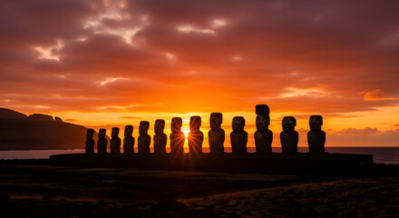 Sunset over moai statues easter island landscape photography natural environment wide angle cultural heritage