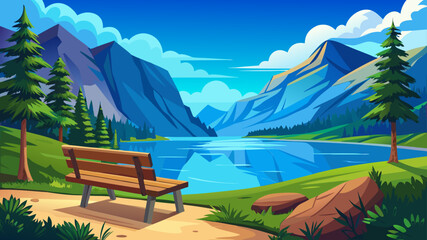 very beautiful Serene Wooden Bench Overlooking Vibrant Blue Mountain Lake with Clear Sky and Rugged Hillside - Tranquil Nature Scene Perfect for Relaxation and Meditation 